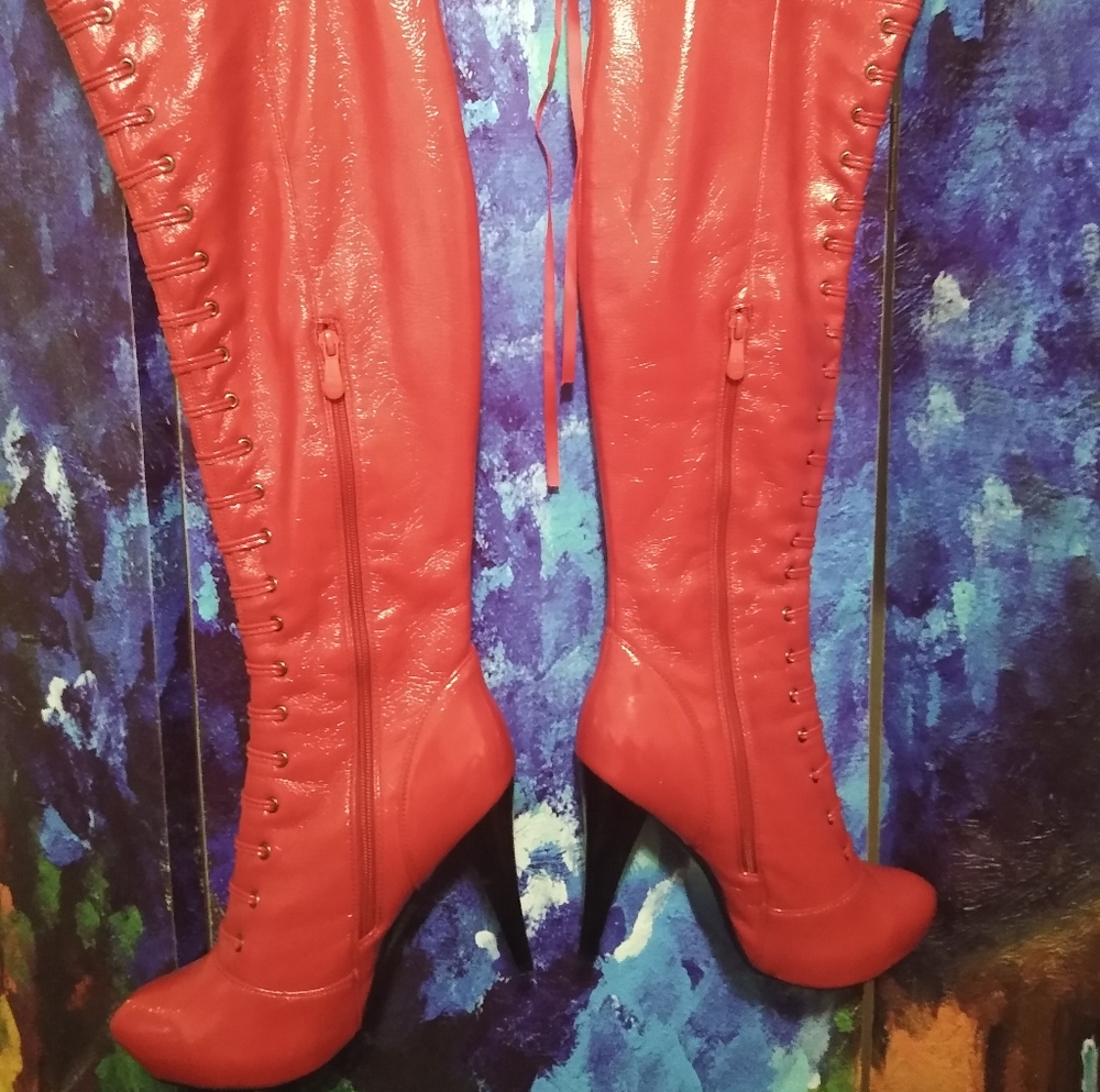 Red hot stiletto thigh high boots